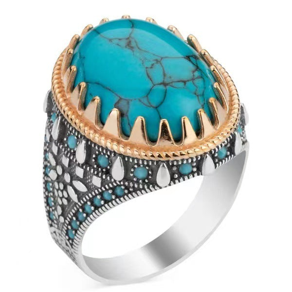 Retro Men's Plating Two Tone Inlaid Turquoise Ring