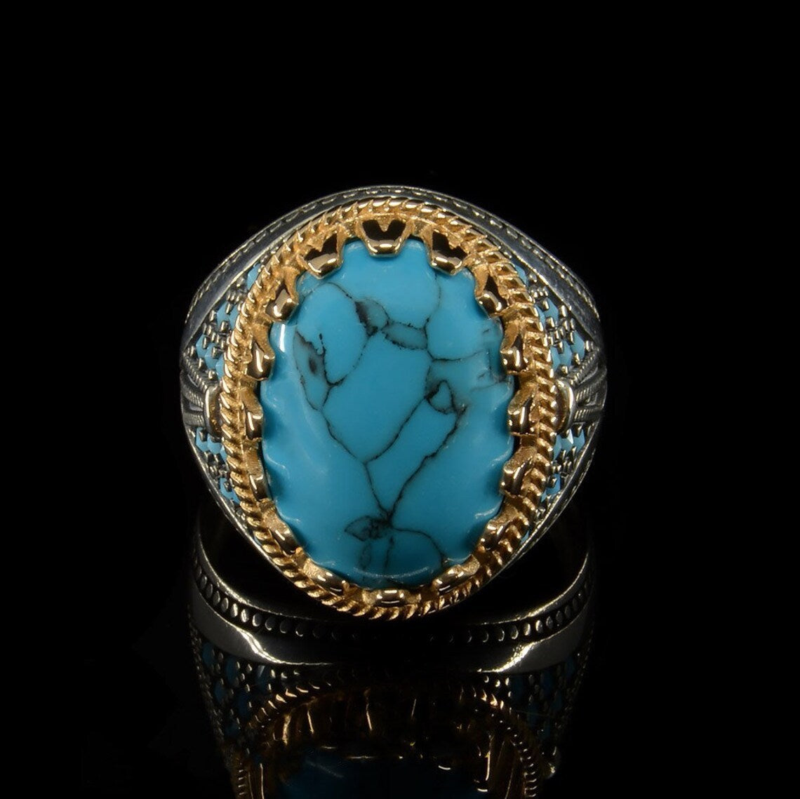 Retro Men's Plating Two Tone Inlaid Turquoise Ring