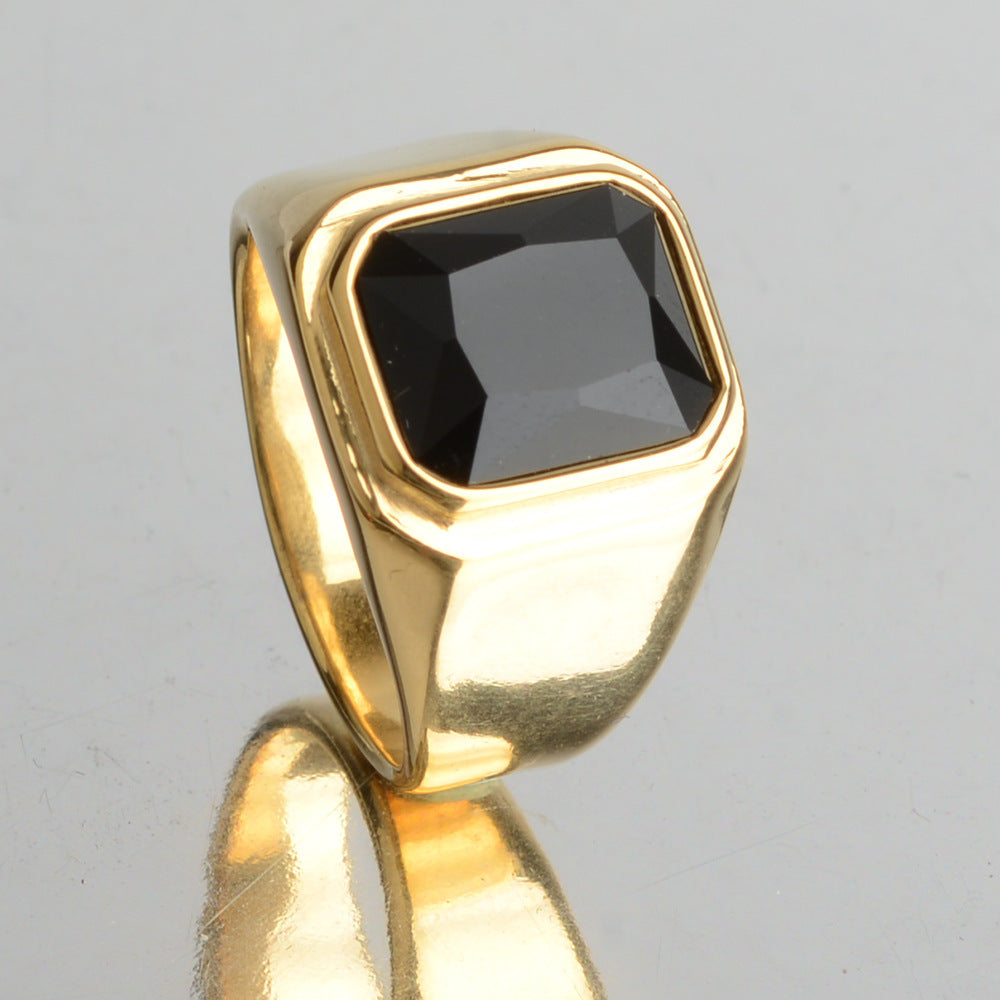 Artificial Zircon Electric Black Gold Stainless Steel Ring