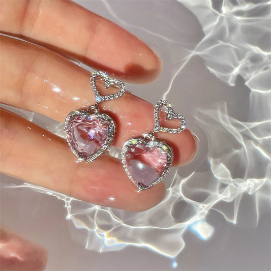 2023 New Light Luxury Premium Feeling Pink Crystal Heart Earrings For Women Girls Niche Design Earrings Birthday Jewellery Gift