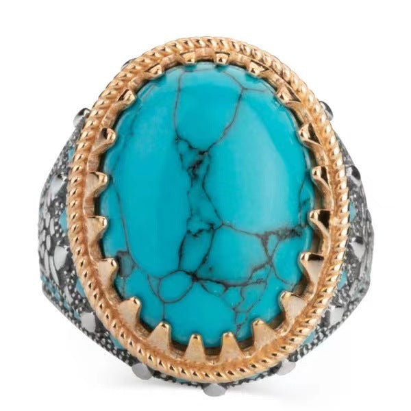 Retro Men's Plating Two Tone Inlaid Turquoise Ring