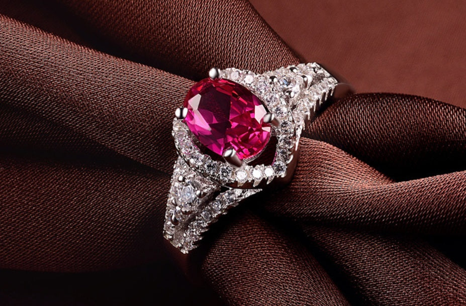 Red corundum artificial diamond ring