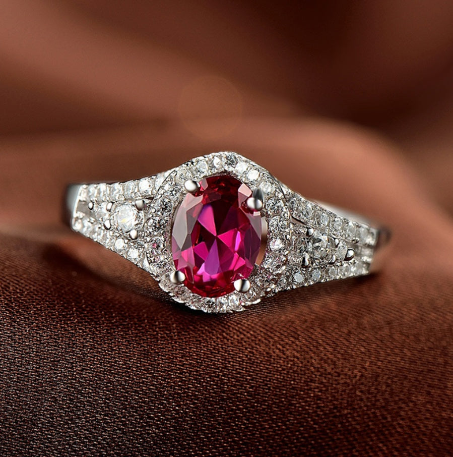 Red corundum artificial diamond ring