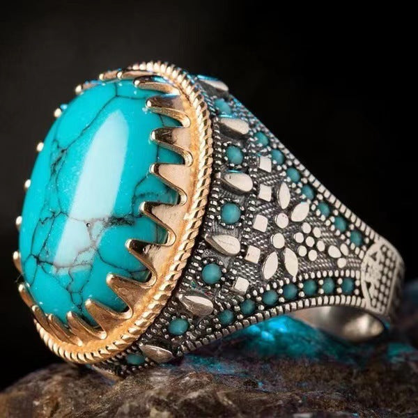 Retro Men's Plating Two Tone Inlaid Turquoise Ring