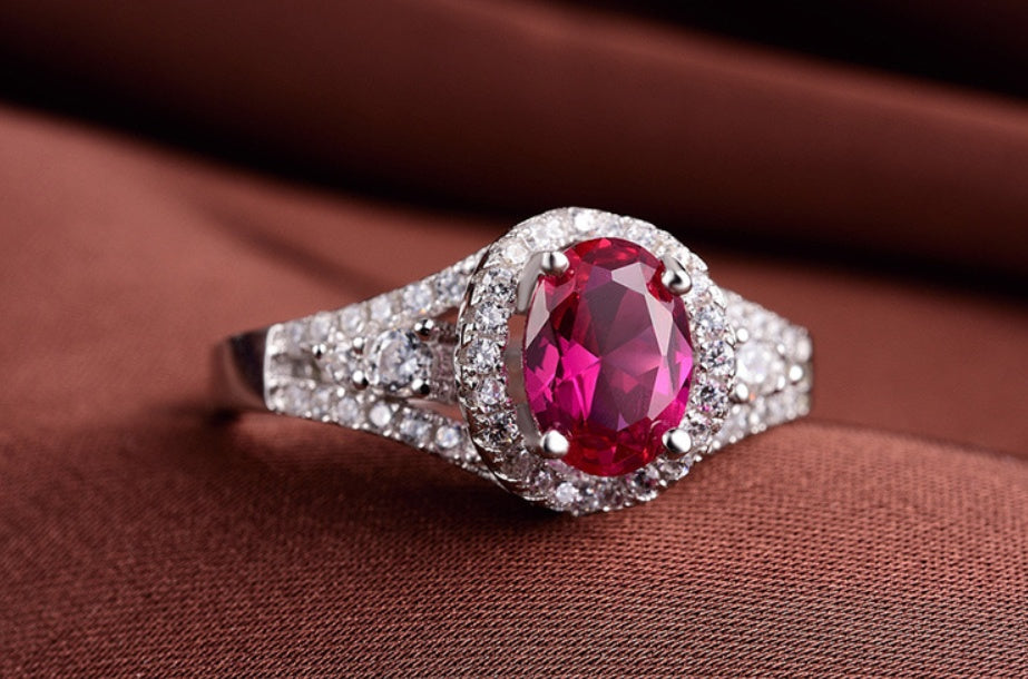 Red corundum artificial diamond ring