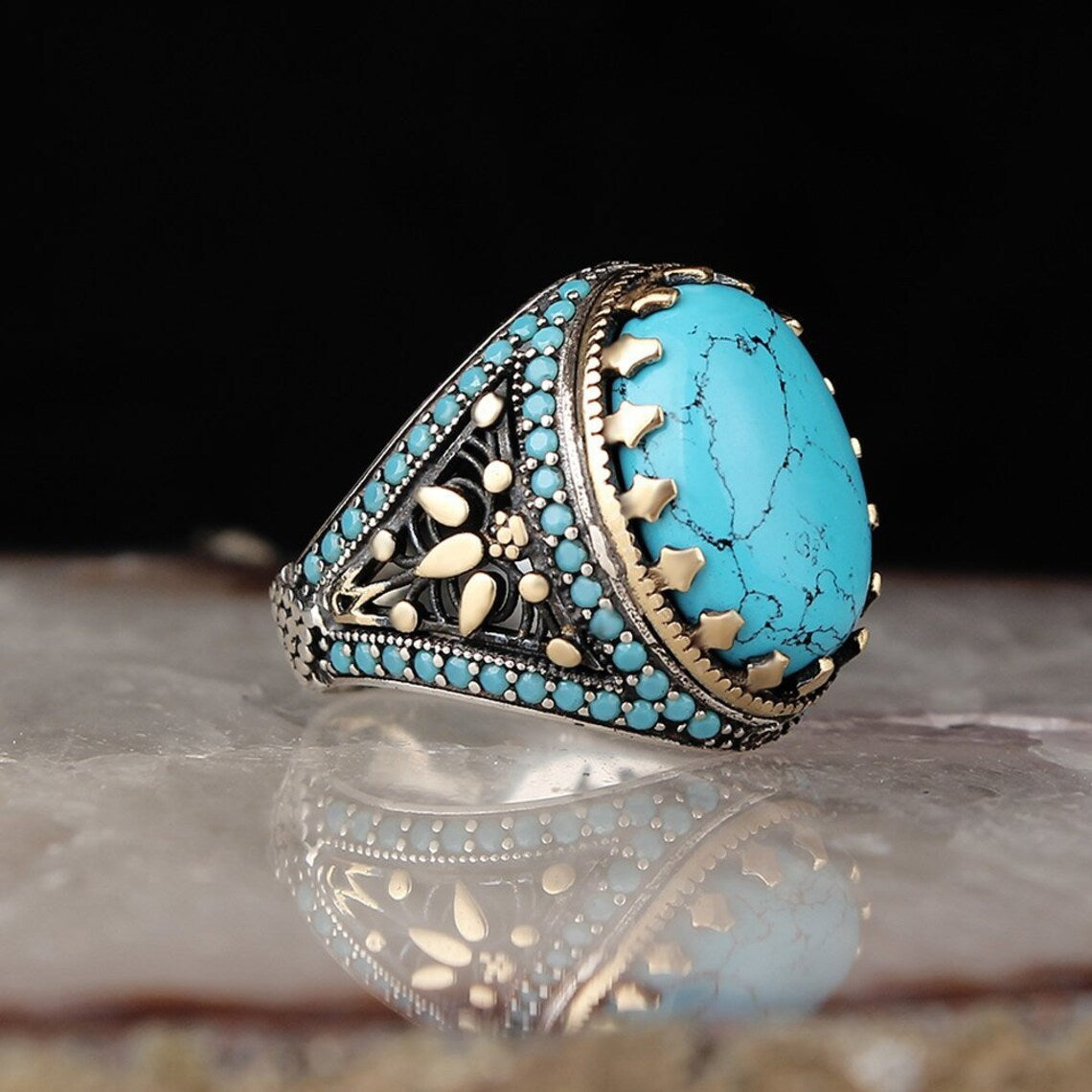 Retro Men's Plating Two Tone Inlaid Turquoise Ring