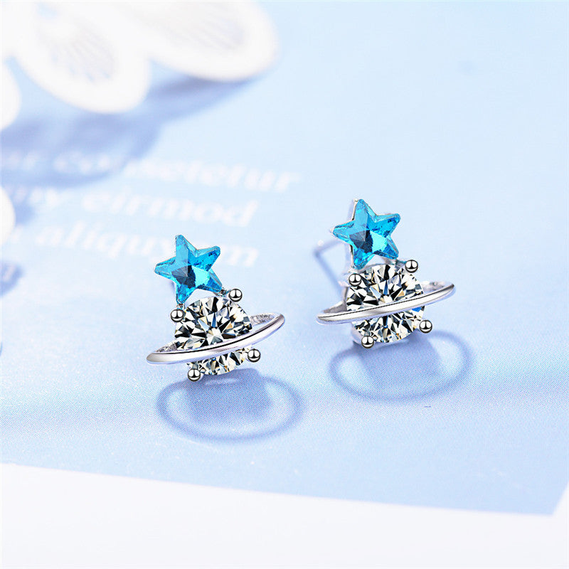 Blue Artificial Crystal Star Asymmetric Earrings