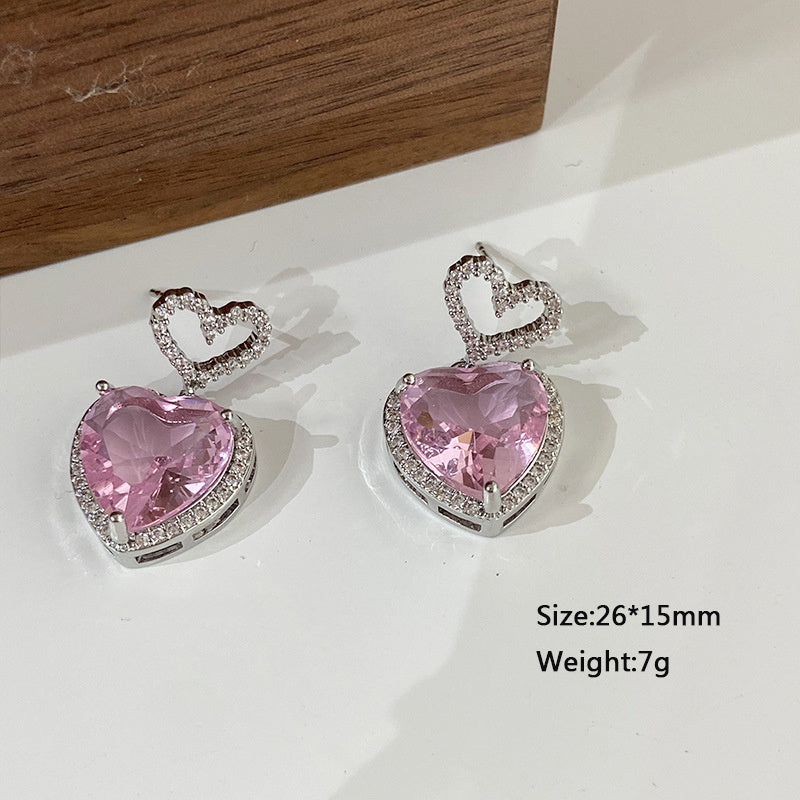 2023 New Light Luxury Premium Feeling Pink Crystal Heart Earrings For Women Girls Niche Design Earrings Birthday Jewellery Gift