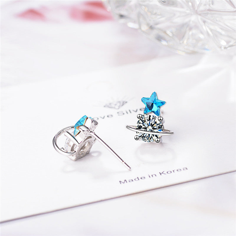 Blue Artificial Crystal Star Asymmetric Earrings